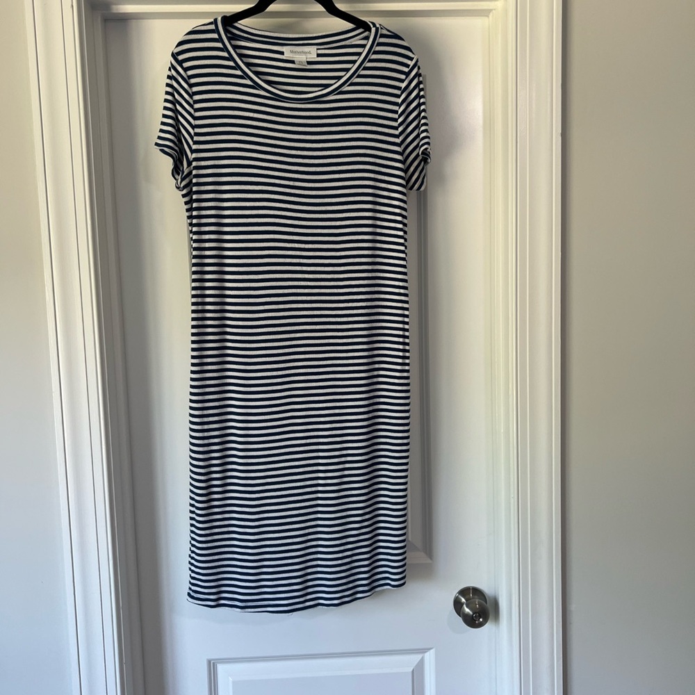 Motherhood Maternity Blue and White Midi Dress Casual Crew Neck